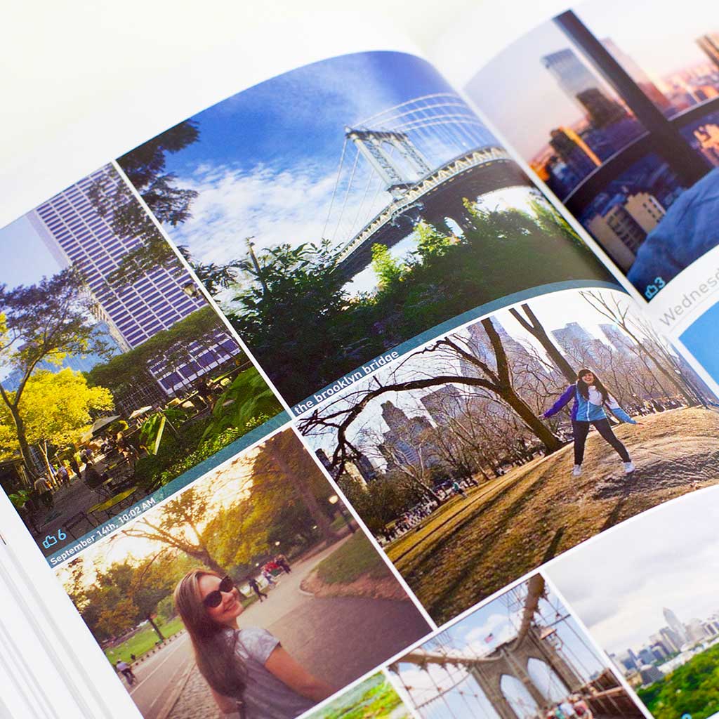 Instagram photo book — open book showing imported posts with captions, dates and locations from an Instagram timeline