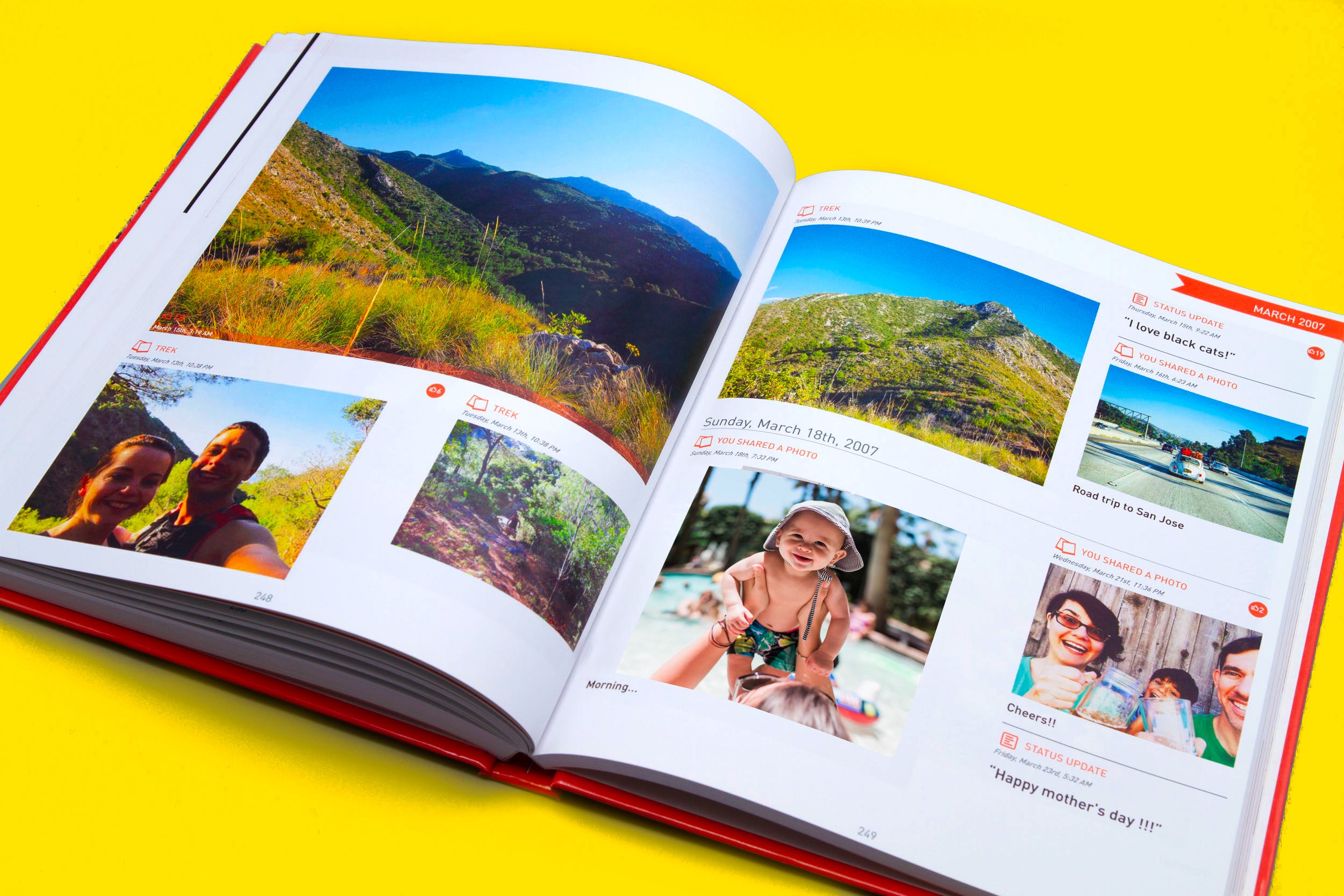 Open Social Book showing photos and status updates with dates